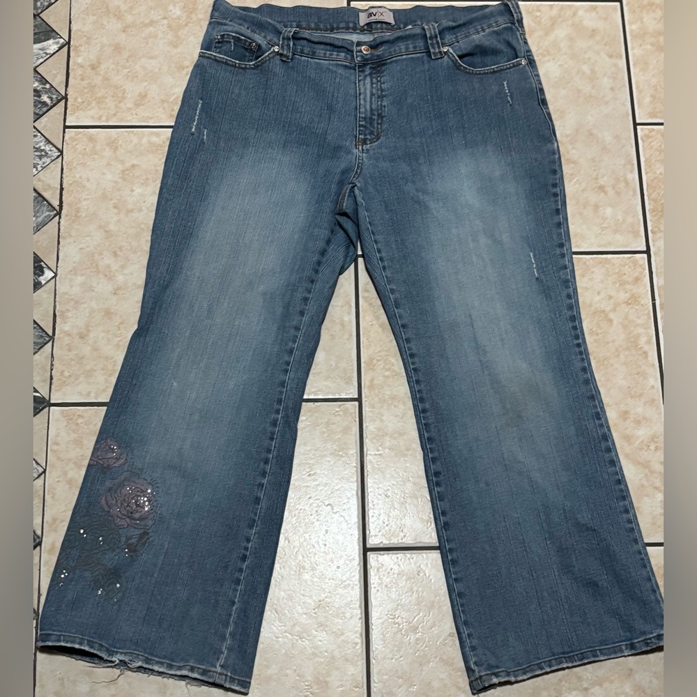 AV/X Elegant Blue Flare Avenue Jeans with Floral Detail Size 18